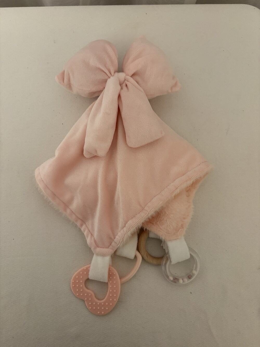 Dream Gro Baby Pink Big Ribbon Bow Lovey Security Blanket Teether Faux Fur